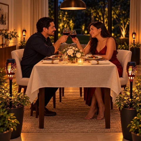 Pareja brindando en una cena romántica, con dos antorchas negras de luz LED claramente visibles en macetas en primer plano