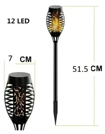 Fotografía técnica del proveedor: altura total de 51,5 cm incluida la estaca, cabezal de 7 cm y 12 LED