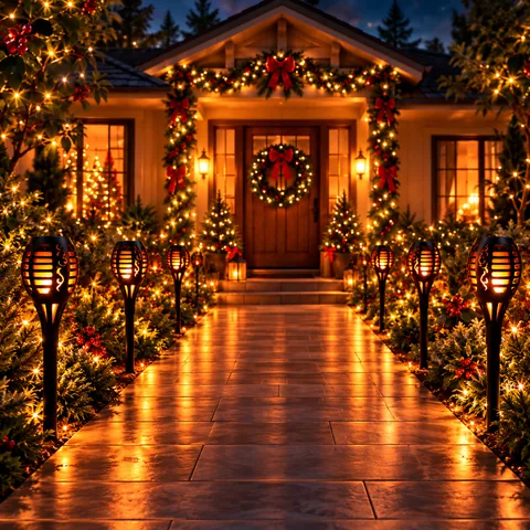 Entrada de una casa decorada para Navidad con antorchas solares y guirnaldas