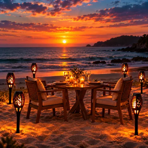 Mesa para dos frente al mar al atardecer con antorchas en la arena