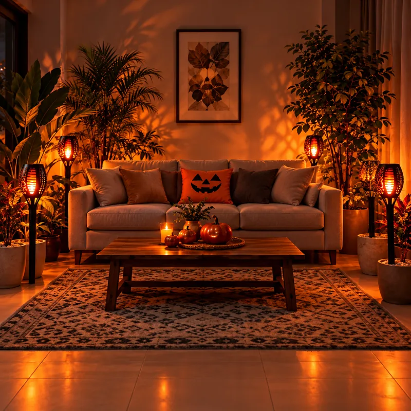 Sala con sofá gris, plantas y antorchas solares en macetas para una ambientación cálida de Halloween